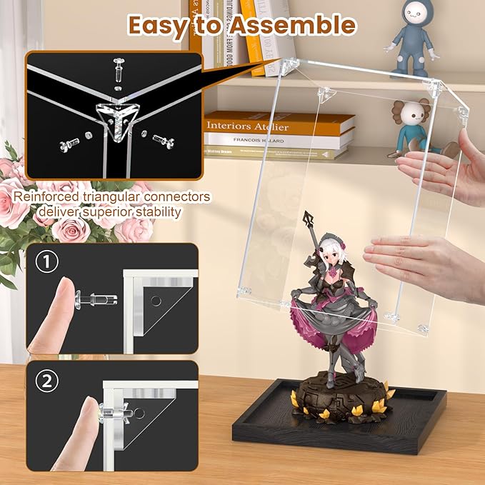 Acrylic Display Case for 1:24 Scale Car Models Assemble Clear Acrylic Boxes for Display Lego Action Figures Doll Hobby Toys, Black Base (10 x 6 x 5 inches, 25 x 15 x 13 cm)