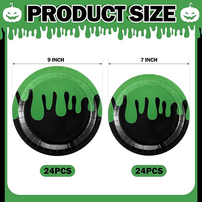 48 Pcs Ghost Party Paper Plates Green and Black Disposable Dessert Plates Set for Kids Boys Girls Birthday Themed Party Supplies Halloween Decorations, 7 Inches and 9 Inches