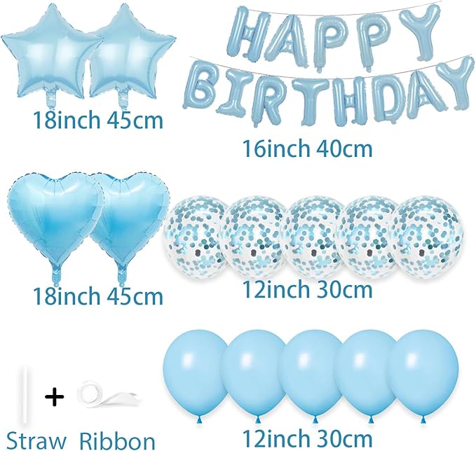 27 Pcs Light Blue Birthday Decorations, 3D Letters Light Blue Happy Birthday Balloon Banner, Pentagram Heart Foil Balloons Confetti Balloons Kit For Boys Girls Birthday Party Supplies