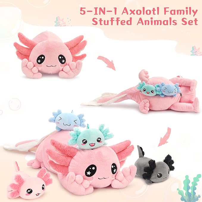 MaoGoLan 5 Pcs Axolotl Plush with 4 Babies Inside Belly, Glow in The Dark Stuffed Animals Pink Axolotl Toys Cute Kawaii Stuffy Salamander Pillow for Girls Kids Gift Valentine's Day Christmas