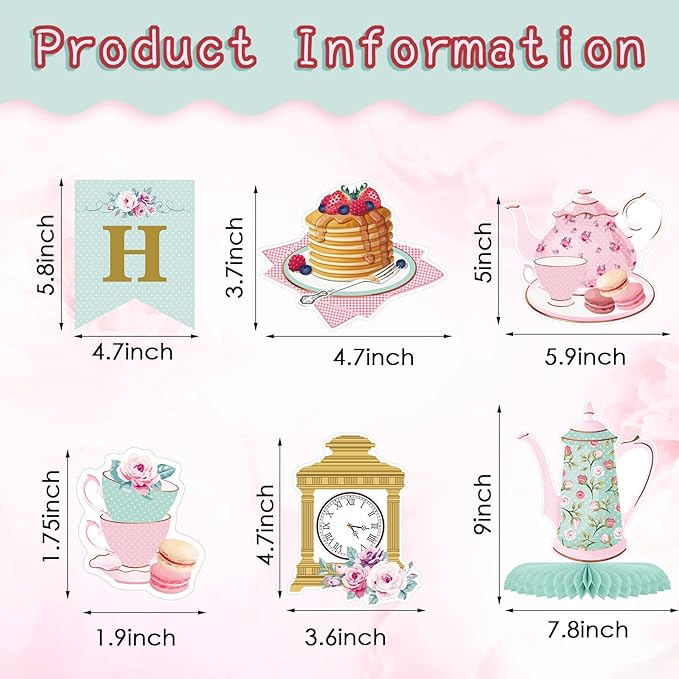 Zonon 40 Pcs Tea Party Birthday Decoration Set with Happy Birthday Banner, Cupcake Toppers, Table Centerpieces, Hanging Swirls Tea Party Supplies for Women Spring Floral Hanging Decor for Baby Shower