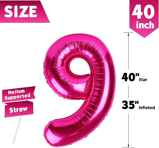 40 Inch Hot Pink Number 9 Balloon, Giant 9 Number Balloons for 9th Birthday Decorations, Party Supplies for Baby Boy Girl, Hot Pink Party Decor