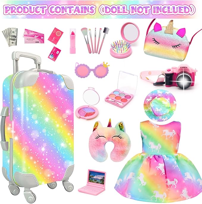 American 18 Inch Doll Accessories Travel Set Brilliant Colors Including Suitcase Luggage and Dress with Hat, Camera, Makeup Sets Dolls Travel Gear Play Set Gift for Birthday (NO Doll)