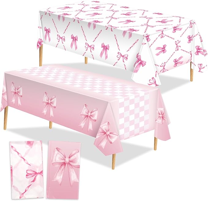 Zhehao 2 Pcs Pink Ribbon Tablecloth 54 x 108'' Coquette Table Cover Pink Bow Birthday Decorations Plastic Disposable Table Cloth for Girls Women Party Supplies