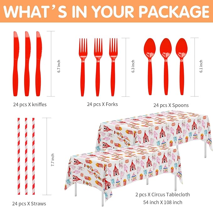 Circus Theme Party Decorations Tableware, Carnival Party Supplies, Plate, Cup, Napkin, Tablecloth, Cutlery, Straw, Circus Carnival Theme Party Decorations For Birthday Baby Shower | Serve 24