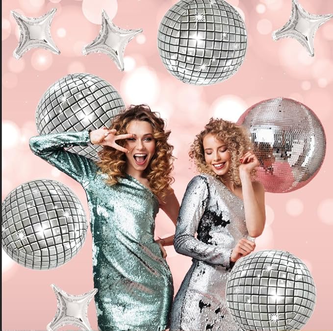FBQ 10 Pcs Silver Balloon Disco Balloon Star Balloons Disco Party Mirror Foil Balloon 70s 80s 90s Dance Party Birthday Themed Decorations Supplies