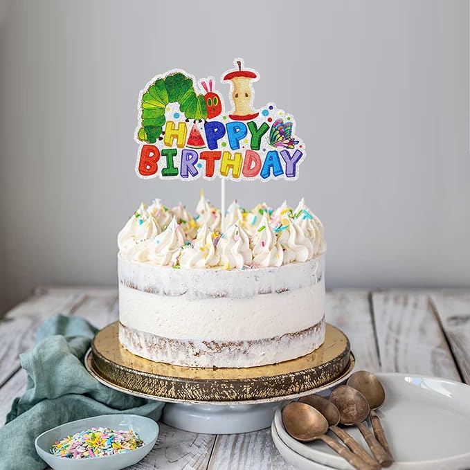 Green Caterpillar Happy Birthday Cake Topper,Reading Story Theme Birthday Cake Decor,Children's Fairy Tale Party or 1st 2nd 3rd Birthday Party Decorations