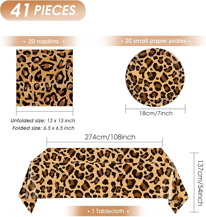 41Pcs Cheetah Print Party Decorations Leopard Animal Theme Tableware Include Dinner Dessert Plates,Napkin,Tablecloth丨Baby Shower Safari Animal Leopard Themed Birthday Party Decor Supplies | Serves 20