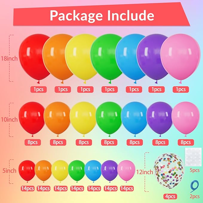 162 Pcs Colorful Rainbow Balloons Arch Kit, Diffrent Size Rainbow Balloon Garland, Globos De Colores for Party Decoration Birthday Party Supplies.