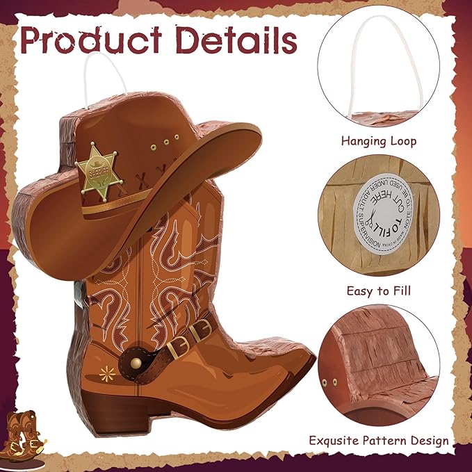 Pajean 3 Pcs Cowboy Boot Piñata Set Western Country Party Decorations Cowboy Hat Piñata with Stick Eye Mask for Boys Wild West Rodeos Birthday Baby Shower School Sports Events Gatherings Supplies