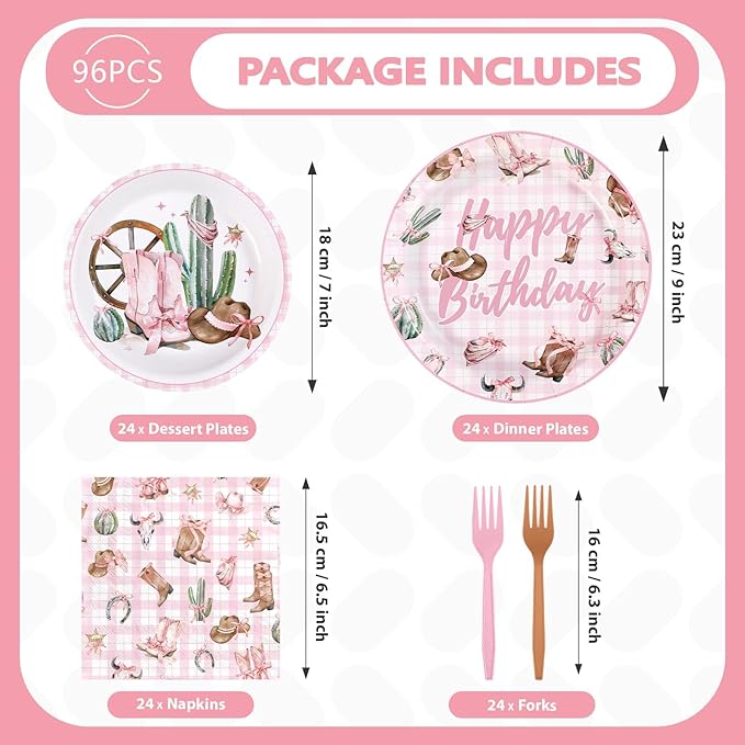 Grencian 96Pcs Western Cowgirl Birthday Party Decorations Coquette Bow Cowgirls Plates and Napkins Pink Cowgirls Tableware for Girls Western Birthday Baby Shower Party, Serves 24