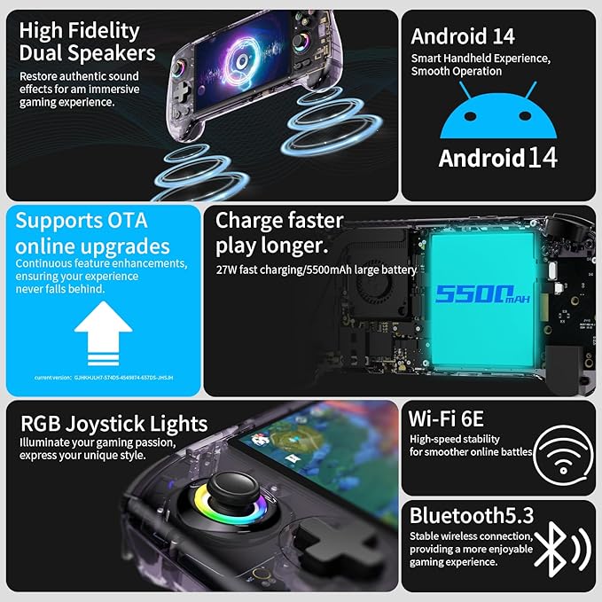 RG557 Retro Handheld Game Console , 5.48 Inch AMOLED Screen Handheld Emulator Android 14 System Dimensity 8300 Processor Support WiFi 6E Bluetooth 5.3(Transparent Purple)
