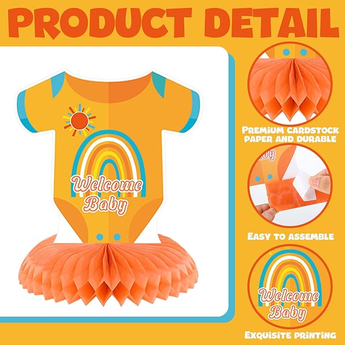 12 Pcs Here Comes The Son Baby Shower Decorations Honeycomb Centerpieces Welcome Here Comes The Son Table Decoration Sunshine Rainbow Bottle Stroller Table Topper for Baby Shower Party Favor