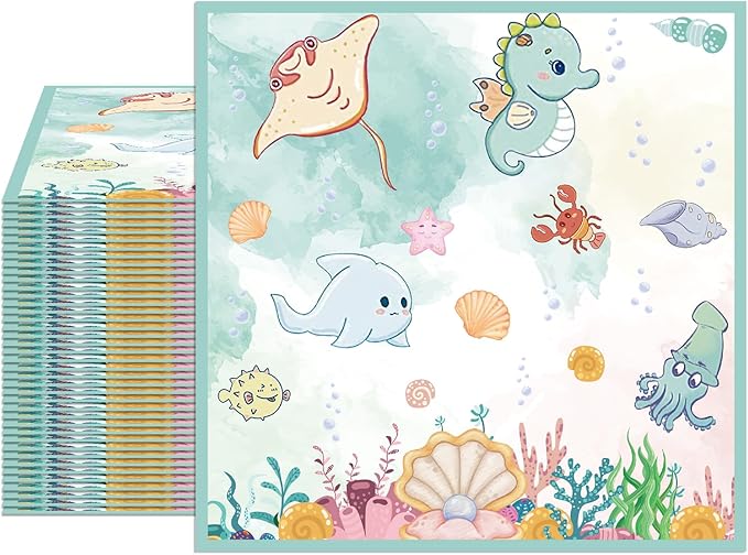 40 Pack Under The Sea Paper Napkins - 6.5x6.5 Inches Disposable 2-Ply Ocean Theme Party Napkins for Summer Beach, Baby Shower Decorations & Under The Sea Dinner Party Supplies