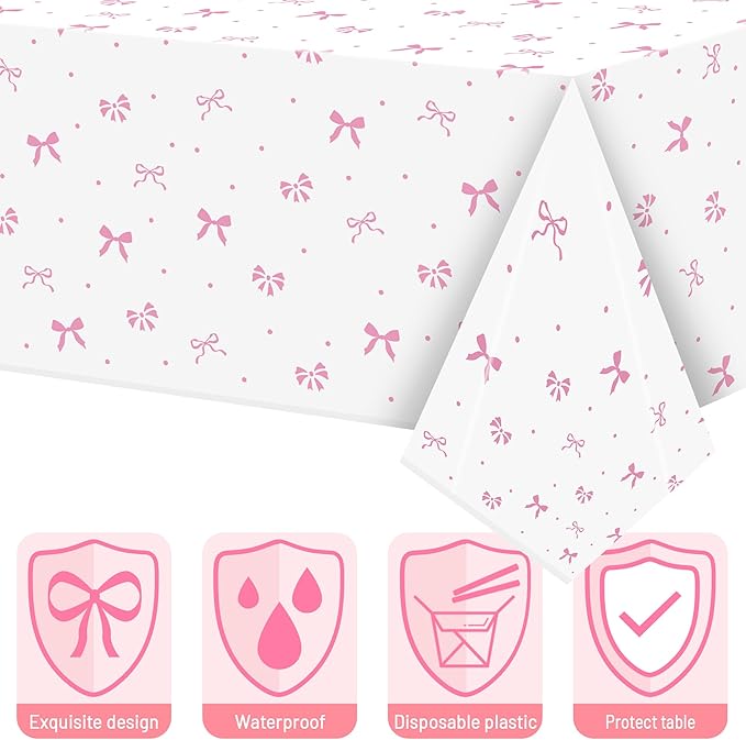 Coquette Pink Bow Party Decoration Set - Serves 24- 112Pcs Bowknot Bachelorette Bridal Themed Tableware Disposable Plate Napkin Tablecloth Banner Card for Birthday Party Supplies