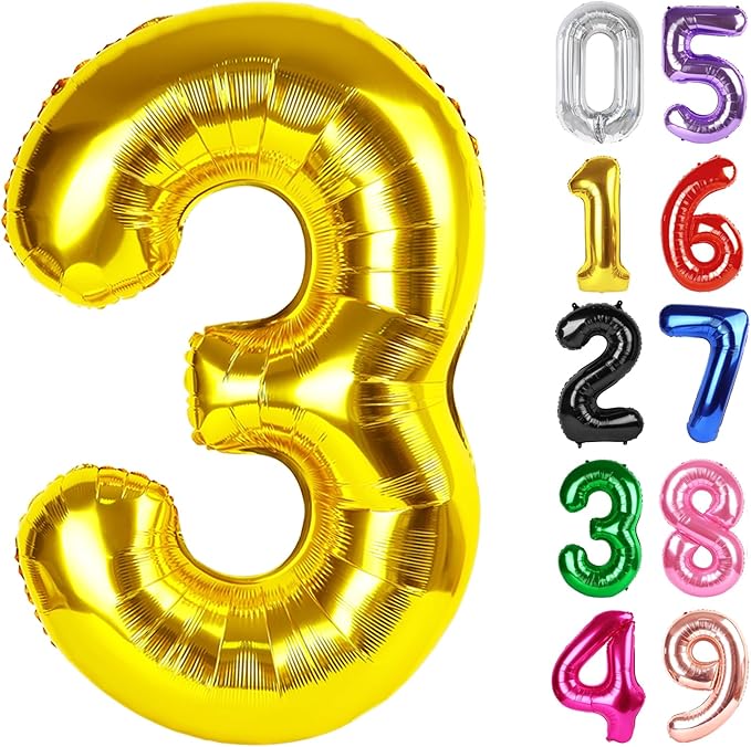Gold Number 3 Balloon 40 Inch, 3rd Birthday Celebration Supplies for Girls Boys Women Men, 3 Balloon for Girls Boys Theme Party