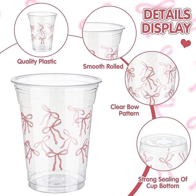 Qinyoung 100 Pcs 12 oz Pink Bow Plastic Cups with Paper Straws for Party Supplies Disposable Coffee Cups Pink Bowknot Drinking for Valentine Mother Baby Shower Birthday Wedding Bridal Party Decor