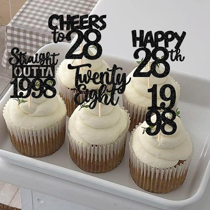 30PCS Black 28th Birthday Cupcake Toppers Glitter Twenty Eight Happy 28th Straight Outta 1998 Cupcake Picks for Cheers to 28 Years Birthday Wedding Anniversary Party Cake Decorations Supplies