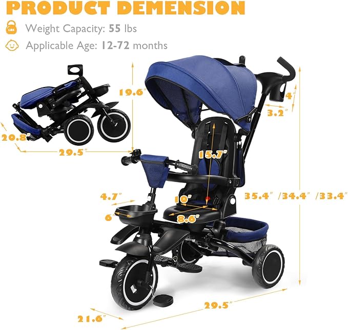 Folding Kids Tricycle, 8 in 1 Toddler Trike W/Removable & Adjustable Canopy, Parent Handle, 5-Piont Harness, Toddler Bike Tricycle for Kids 1-6 Years, EVA Wheels, Storage Basket, Blue