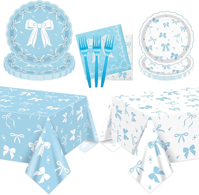 Blue Bow Party Supplies Set for 20 Guests, Including Tablecloths, Forks, Napkins and Plates for Blue Bow Birthday Decorations Coquette Birthday Party Bachelorette