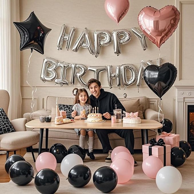 27 Pcs Pink Silver Black Birthday Decorations, 3D Letters Multi Color Happy Birthday Balloon Banner, Pentagram Heart Foil Balloons Confetti Balloons Kit For Boys Girls Party Supplies