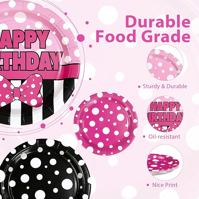 60Pcs Pink Mouse Birthday Paper Plates 9" Heavy Duty Disposable Cartoon Mouse Birthday Dessert Plates Pink Black White Polka Dot Bow Party Decorations for Kids Girls Bday Baby Shower Party Supplies