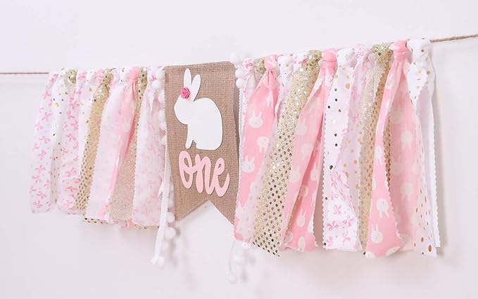 Pink Happy Birthday Banner - 1st Birthday High Chair Banner, Rabbit Themed Photo Props, Princess Party Decorations Supplies for Baby Girl