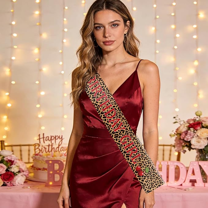 Cheetah and Cherry Birthday Sash - Cheetah Satin Print Cherry Theme Party Sash, Girls Nights Women Birthdays Leopard Party Decoration Supplies