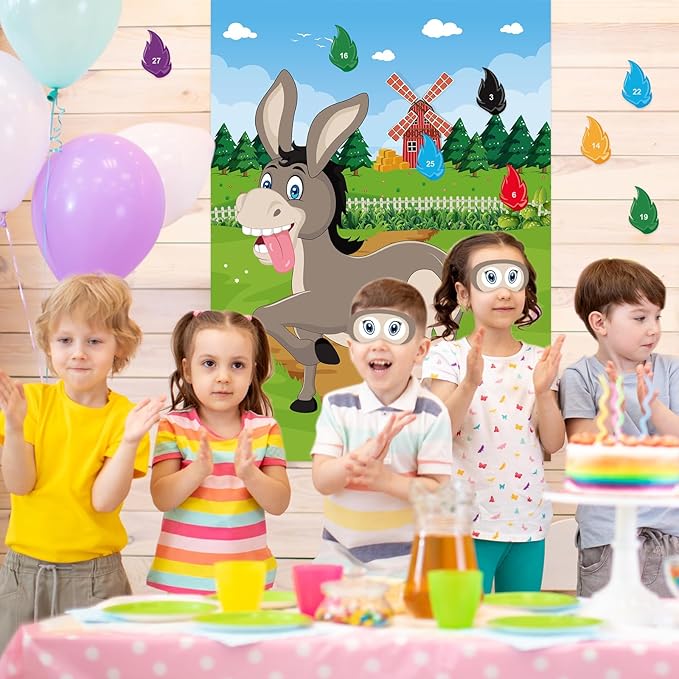PLULON Pin The Tail on The Donkey Game for Kids with Tail Stickers, Donkey Poster Kids Pin Game Birthday Party Favors Gifts Carnival Home Wall Decorations Classroom Family Activities