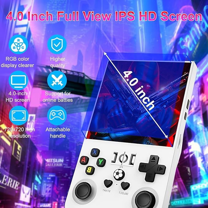 R36Max Retro Handheld Game Console,4-inch IPS OCA HD MIPI Screen, Open Source Linux System and 20000+ Games, Built-in 64GB TF Card Portable Video Gaming Console. (White)