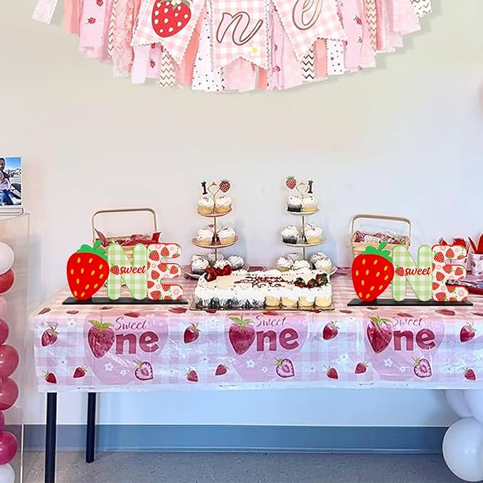 Strawberry Sweet ONE Letter Sign Table Centerpieces for My Baby Girl Berry First Birthday Decor,Birthday Decorations for One Year Old Party Supplies(2 Set)