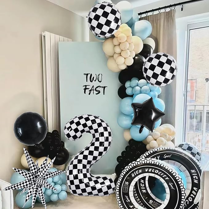 TONIFUL 40 Inch Checkered 2nd Birthday Balloons Set Number 2 Race Car Black White Checkered Round Explosion Star Balloons Boys Race Car Themed Birthday Party Decoraction