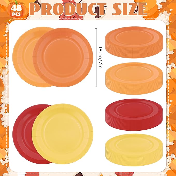 48PCS Fall Thanksgiving Plates, Fall Paper Plates Autumn Party Tableware for Birthday Harvest Holiday Friendsgiving Thanksgiving Party Supplies, 7 Inch