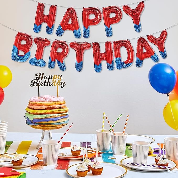 Spider Theme Happy Birthday Letter Balloons Banner, Red and Blue, Party Decoration
