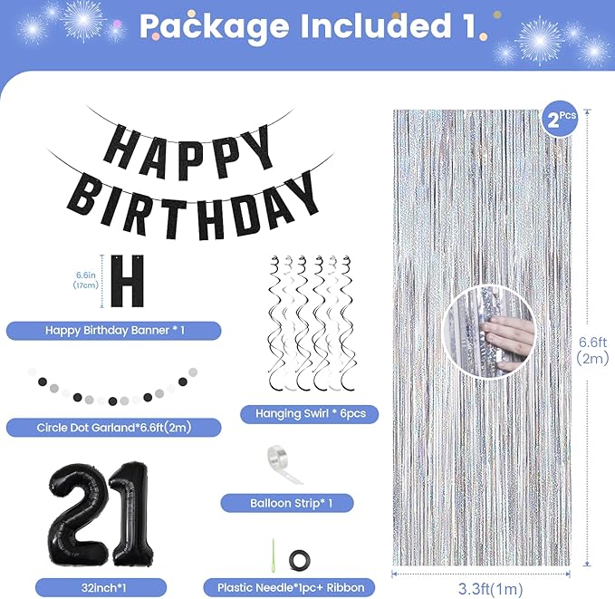 21st Birthday Decorations for Boys Girls, Happy Birthday Decorations for Her Him,21 Black and Silvery Party Kit Supplies