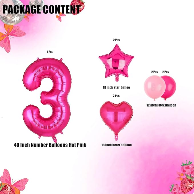 40 Inch Number Balloons Hot Pink 3 Large Number Balloon Anniversary Event Celebration Bachelorette Cowgirl Let's Go Girls Pink Themed 3rd Birthday Party Decor Supplies 9 Pcs