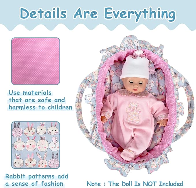 Doll Carry Cot Set, Soft 3PC Set Includes Cot, Mattress and Pillow, Blue Rabbit Doll Bassinet, Fits for 10-12 Inch American Girl Dolls