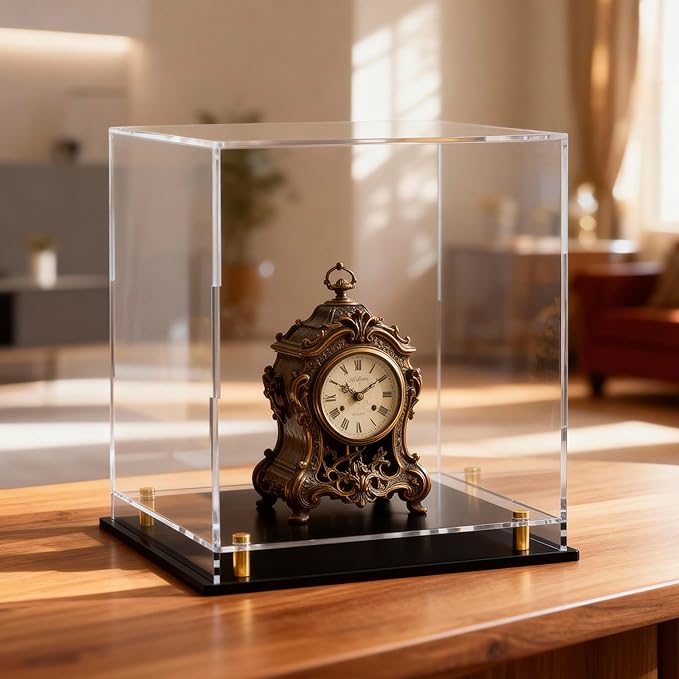 Acrylic Display Case for Collectibles, Dustproof Acrylic Box with Clear Display Elevation & Gold Risers, Large Display Case for Figures Toys Memorabilia, 8" L x 8" W x 9.6" H