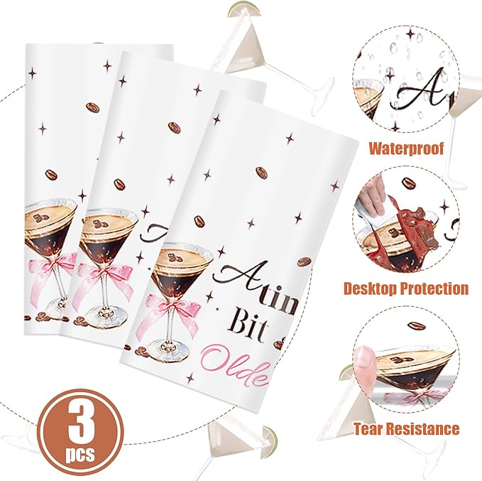 3Pcs Espresso Martini Tablecloth, 54 x 108 Inch Martini Bar Plastic Table Cover, A Tini Bit Older Birthday Party Decorations for Espresso Martini Bachelorette Party Supplies
