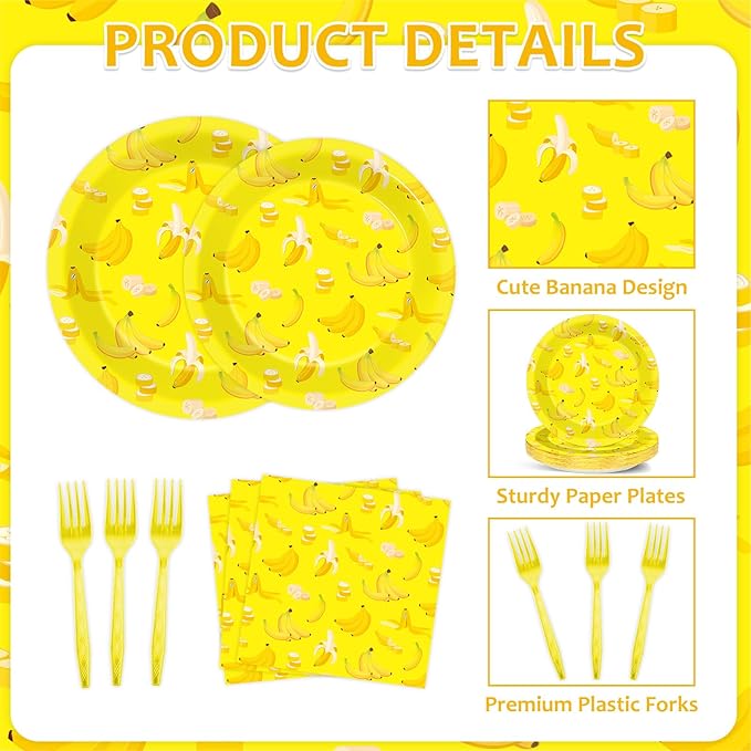 96PCS Banana Party Paper Plates and Napkins Banana Themed Party Decorations Yellow Fruit Napkins and Forks for yellow fruit Birthday Gatherings Decorations