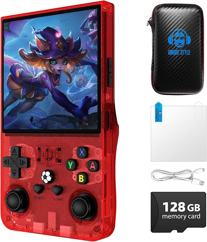 R36MAX Retro Game Console, 4.0 inch Retro Gaming Console with 128GB Memory, Video Game Consoles with 4000mAh Battery and 30+ Emulators, Red