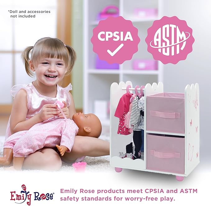 Emily Rose 18" Doll Open Wardrobe Closet - Butterfly Collection Storage Closet with 5 Hangers & 2 Large Fabric Bins | American Girl Compatible | USA Brand