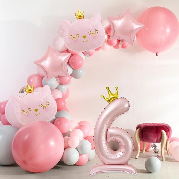 Pink Cat Balloon Set, Crown Cat Foil Balloon, 6 Year Old Girl Birthday Party Decoration, Cat Theme Party Decoration, Theme Party Supplies for Girls Kitten Pet Cat (6)