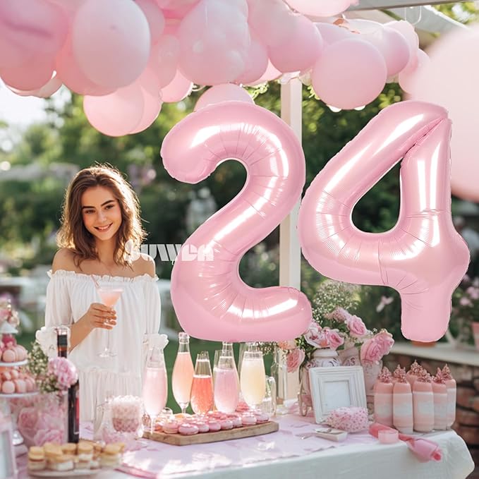 SUWEN 40 Inch Large Pink 24 Number Balloons Big Foil Helium Number Balloons 0-9 Jumbo Happy 24th Mylar Birthday Party Decorations for Women 42 Anniversary Party Supplies