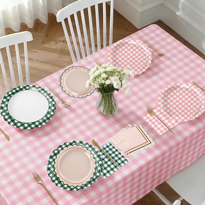 102 PCS Camp Bachelorette Decorations - Scalloped Gingham Plates, Napkins, Cups, Banner, Gingham Tablecloths for Baby Shower, Wedding, Birthday, Serves 25