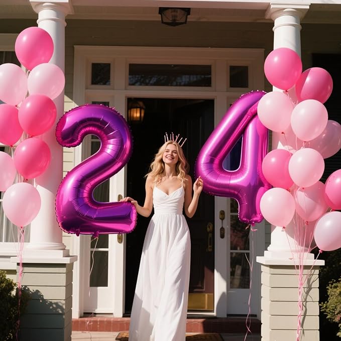 40 Inch Large 24 Balloon Numbers Rose Purple Big Foil Number Balloons Giant Helium Happy Birthday Party Decorations for Man and Women, Huge Mylar Anniversary Party Supplies