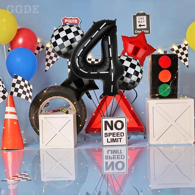 Race Car Birthday Balloons 40 Inch Racetrack Number Balloon 4 Black Boys 4st Birthday Race Car Theme Party Decor Supplies 5 Pcs