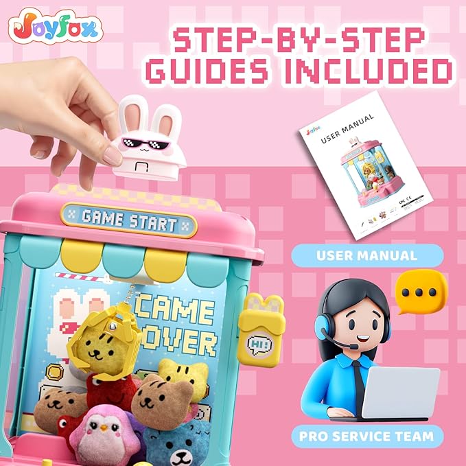 Mini Claw Machine for Kids, Pixel Art Rabbit Vending Machine Toys for Girls, Candy Claw Machines with Plush and Capsule Toy for Age 3+, Birthday Party for 3-8 Years Old Kid