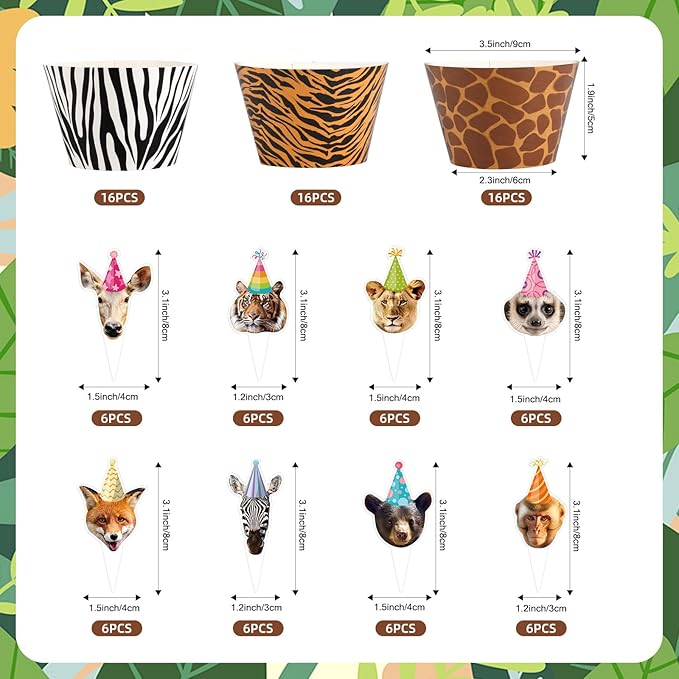 Hxezoc 48 Pack Safari Animals Party Cupcake Toppers and Wrappers, Jungle Animal Cake Decoration for Wild Theme Birthday Parties