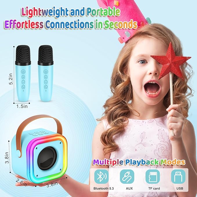 Mini Karaoke Machine for Kids, Girl Toys Gifts, Kids Karaoke Wireless Microphone for 4,5,6,7,8,9,10,11,12 Years Old Boys and Girls Christmas Party Gifts Toys (Blue)